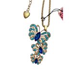 Betsey Johnson 3 Cascading BUTTERFLY NECKLACE Blue Rhinestone Popcorn Gold Chain Photo 2