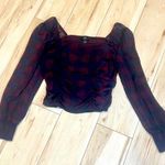 I.N. San Francisco  Plaid Top Sz. L Ruched Sheer Sleeves Cropped Elastic Back (172) Photo 0