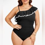 Tempt Me  Women’s Black One Piece Swimsuit Tummy Control 1 Shoulder Ruffle M NWT Photo 2