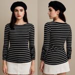 Vince Camuto  Black & White Striped Long Sleeve Ruched Top XS Nautical Preppy Photo 1