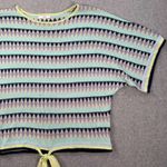 Fate Short Sleeve Tie Waist Knit Top Women's Medium Blue Green Stripe Linen Blen Photo 3