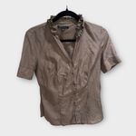 Banana Republic Silk Blend Ruffle Neck Button Down Short Sleeve Top Size S Photo 0