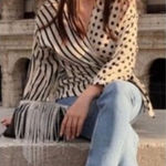 ZARA  Cream and Black with Stripe and Polka Dots Wrap Blouse Long Sleeve Top Photo 0