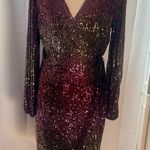 Premier Amour Ombré Sequin Wrap Dress Burgundy Gold Long Sleeve Party Size 10 Red Photo 0