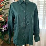ZARA Asymmetric Poplin Button Up Long Sleeve Shirt in Duck Green Photo 3
