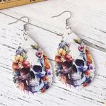 🌸 4 for $20 Colorful Flower Skull Pattern Dangle Earrings Retro Goth PU Leather White Photo 4