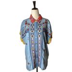 John Mark  Shirt Women Large Blue Embroidered Floral Aztec Button Up Boho Cottage Photo 1