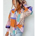 FATE. Multicolor Abstract Patchwork Long Puff Sleeve Ruffle Keyhole Blouse Size M Photo 0