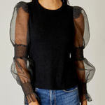 Anthropologie Crewneck Organza Puff Long Sleeve Blouse Top Black Medium Photo 0