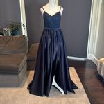 Women’s Blue Full Length Satin Lace Appliqué Party Prom Formal Dress Size 2 NWOT Blue Photo 2