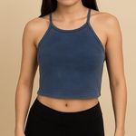 Aura Navy/Gray Ribbed Textured Top Size S/M Vintage Washed Blue Crop Y2K Photo 0