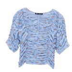 ZARA NWT Blue Tulle Print Floral Ruched Top Blouse Small Photo 3