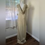 Calvin Klein NWT  Beige Metallic Mesh Cap Sleeve Stretchy Floor Length Gown Photo 5