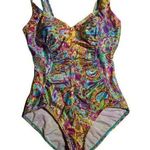 Vtg 1990s Beach Bay Bright Purple Yellow Paisley Floral Ruched Nylon Swimsuit 12 Photo 0