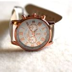 Geneva Platinum Rose Gold White Faux Leather Band New Battery Watch Photo 1