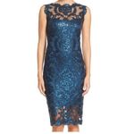 Tadashi Shoji Teal Sequin Illusion Sheath Knee Length Pailette Cocktail Dress 8 Photo 0