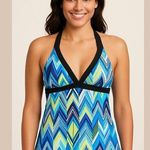 Nike Halter Tankini Swim Top Empire Waist Blue Green Black White Stripe L 10 Photo 0