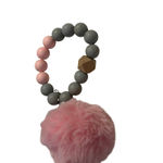 Pink Gray Beaded Keychain Pom Pom Wood Hexagon Charm Faux Fur Ball Photo 1