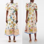 Alemais Theo Midi Dress Tropical Print Linen Cotton Puff Sleeve Size 0 NWT White Photo 4