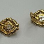 Vintage Gold Framed Pearl and Rhinestone Costume Earrings Large Statement Glam Photo 4