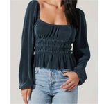 ASTR The Label Zeva Pleated Balloon Sleeve Smocked Blouse Top Deep Teal Medium Photo 1