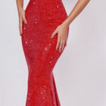 Oh Polly  Idalia Fire Red Embellished Corset Fishtail Evening Gown Photo 0