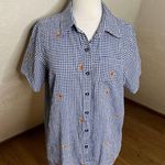 Quacker Factory  Shirt Womens Medium Blue Gingham Crab Jeweled Print Button Up Photo 7