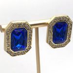 Vintage Blue Rhinestone Earrings Costume Gold Halo Extra Large Statement Glam Photo 2