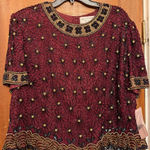 Adrianna Papell  Black Beaded Silk Burgundy Holiday Formal Lined Top Blouse 2X Photo 0