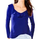 Lilly Pulitzer  Alessa V-Neck Flounced LS Knit Top Women S Blue Retro Boho Party Photo 0