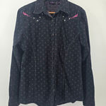 Wrangler  Western Shirt Womens Medium Black Pink Cross Stitch Embroidered Snap Photo 0