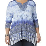 Energie BLUE MULTICOLOR W/ LACE 3/4 SLEEVE SHARK BITE HEM EMBELLISHED TOP 1X Photo 0