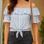 Free People Off-the-Shoulder Striped Ruffle Tie-Front Top | Size M | NWT $88 Photo 0