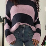 Aerie  Women's Medium Striped Pullover Sweater Purple Navy Long Sleeve Cozy‎ Knit Photo 0