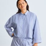 Everlane  Cotton PJ Boxy Crop Button Front Blue & White‎ Striped Long Sleeve Top Photo 0