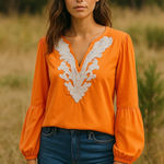 Chico's Women Blouse Size M Orange Crochet Embroidered Boho Chic Coastal Artsy Photo 0