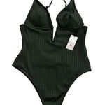 Shade & Shore  Swimsuit One Piece Green Ribbed Plunge V-Wire Swimsuit Large NEW Photo 0