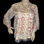 Angie Cottage Floral Blouse Pink Top Lace Bell Sleeve Blouse Women’s Small Shirt Photo 1