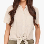 Theory  Hekanina Front Tie Linen Weave Button Down Shirt‎ top tan size Small Photo 0