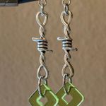 Handmade aesthetic fairy rock goth mix style spikes & Czech glass olive color beads dangle earrings🍃🌙🌳🫒ψ(`∇´)ψ Photo 0