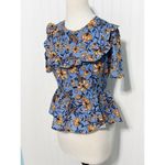 ZARA  Exaggerated Ruffle Floral Print Blouse Top Short Sleeve‎ Blue Orange Small Photo 3