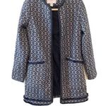 Carolina belle Montreal Size XS Blue White Printed Tweed Duster Open Coat Jacket Photo 0