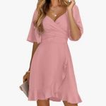 NEW V Neck Smocked Tiered Belted Ruffle Hem Mini Dress L Pink Size L Photo 3