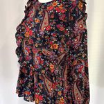 H&M New Paisley Floral Print Ruffle Trim Peplum Blouse Navy Multi Photo 4