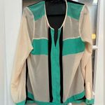 BCBGMAXAZRIA Cream Teal Black Color Block Front Zip Sheer Blouse Size XL Photo 0
