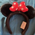 Disney Parks Classic Minnie Mouse Ears Red Bow White Polka Dots Fuzzy Headband Photo 0