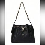 Black quilted faux leather shoulder bag purse with gold chain & gold accents Photo 5