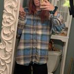 American Eagle blue, green, brown, tan, white plaid long sleeve flannel S Photo 0