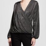 A New Day NWT Womens Black Metallic Shine Deep V-neck Long Sleeve Wrap Blouse XL Photo 0