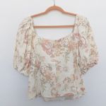 H&M Womens Top Size M Beige Pink Linen Floral Puff Sleeve Cottage Milkmaid Coquette Photo 8